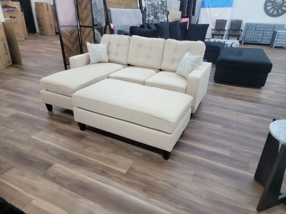 New Sofa Sectional Chaise With Ottoman In Beige