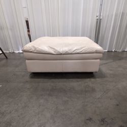 Off-White Faux Leather Ottoman with Top Stitching