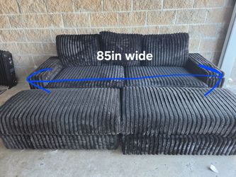 Black Plush Ribbed Corduroy Modular Sectional Couch w/ 2 Ottomans, Arm Storage & Cup Holders