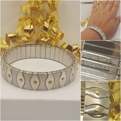 Italy Vintage Bracelet, Stainless Steel with 18k Real gold accents, Approx 7.5" and extra amount of stretch NWOT #764
