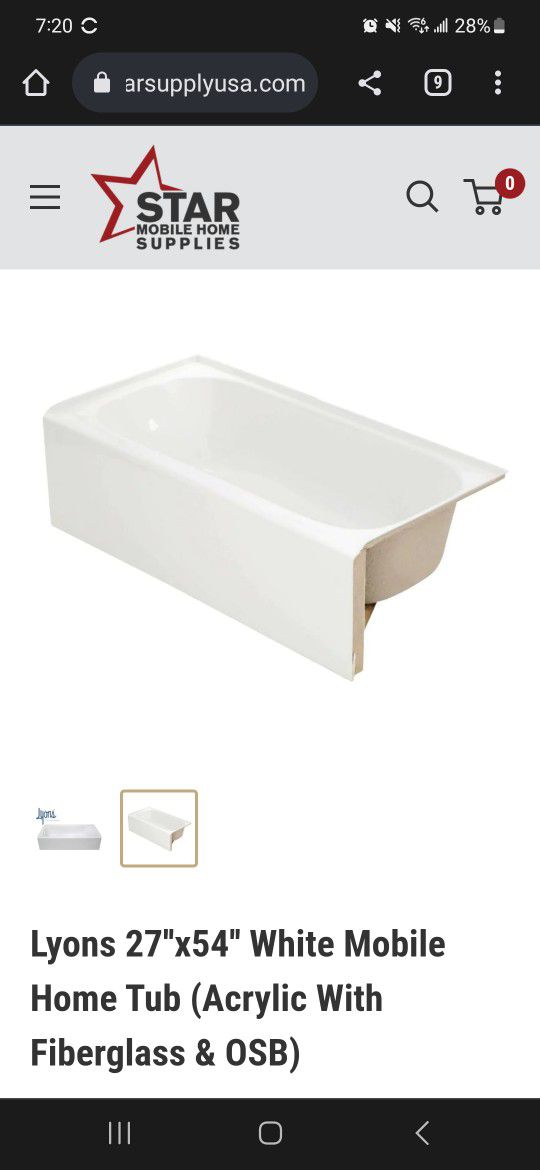 Lyons 27''x54'' White Mobile Home Tub (Acrylic With Fiberglass & OSB)

