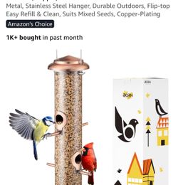 iBorn Bird Feeders for Outdoors 14" 6 Ports Chew-Resistant, Copper, 1PK Metal, Stainless Steel Hanger, Durable Outdoors, Flip-top Easy Refill & Clean,