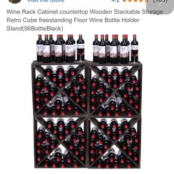 Wine Rack Cabinet countertop Wooden Stackable Storage Retro Cube freestanding Floor Wine Bottle Holder Stand(96BottleBlack)