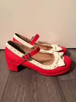 Red and White with Bow Mary Jane Chunky Heels
