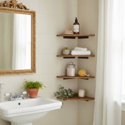 SCOUNT 11.8” 4 PC Corner Floating Shelves Rustic Brown Wall Shelves with Black Metal Brackets for Bathroom Bedroom Kitchen