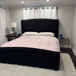 MOVING, MUST SELL, TOO BIG for NEW HOME,  GORGEOUS UPHOLSTERED KING SIZE BED FRAME WITH TALL TUFTED WINGED HEADBOARD AND FOOTBOARD & 14” Mattress