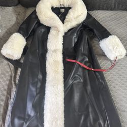 Black Faux Leather Coat With Fur Trim 