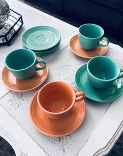 Turquoise & Peach Fiesta Ware Cup and Saucers Homer Laughlin China Co