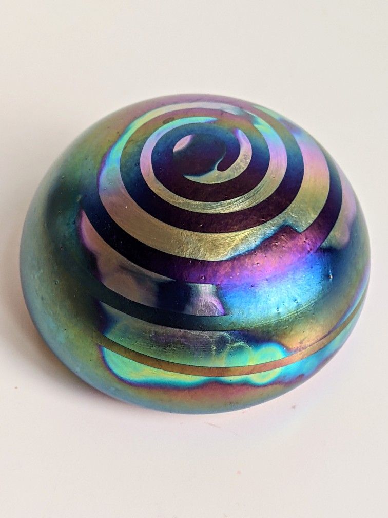 Gary Levay Signed Iridescent Rainbow Splatter Art Glass Paperweight