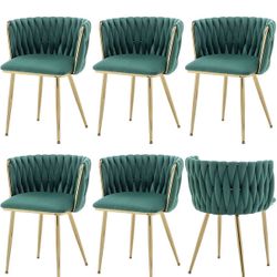 Velvet Dining Chairs Set of 6, Modern Upholstered Dining Chairs with Gold Metal Legs for Dining Room, Vanity, Kitchen, Living Room(Green)