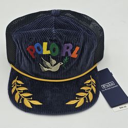 Polo Ralph Lauren Navy Corduroy PEACE LOVE DOVE Trucker Baseball Cap Hat