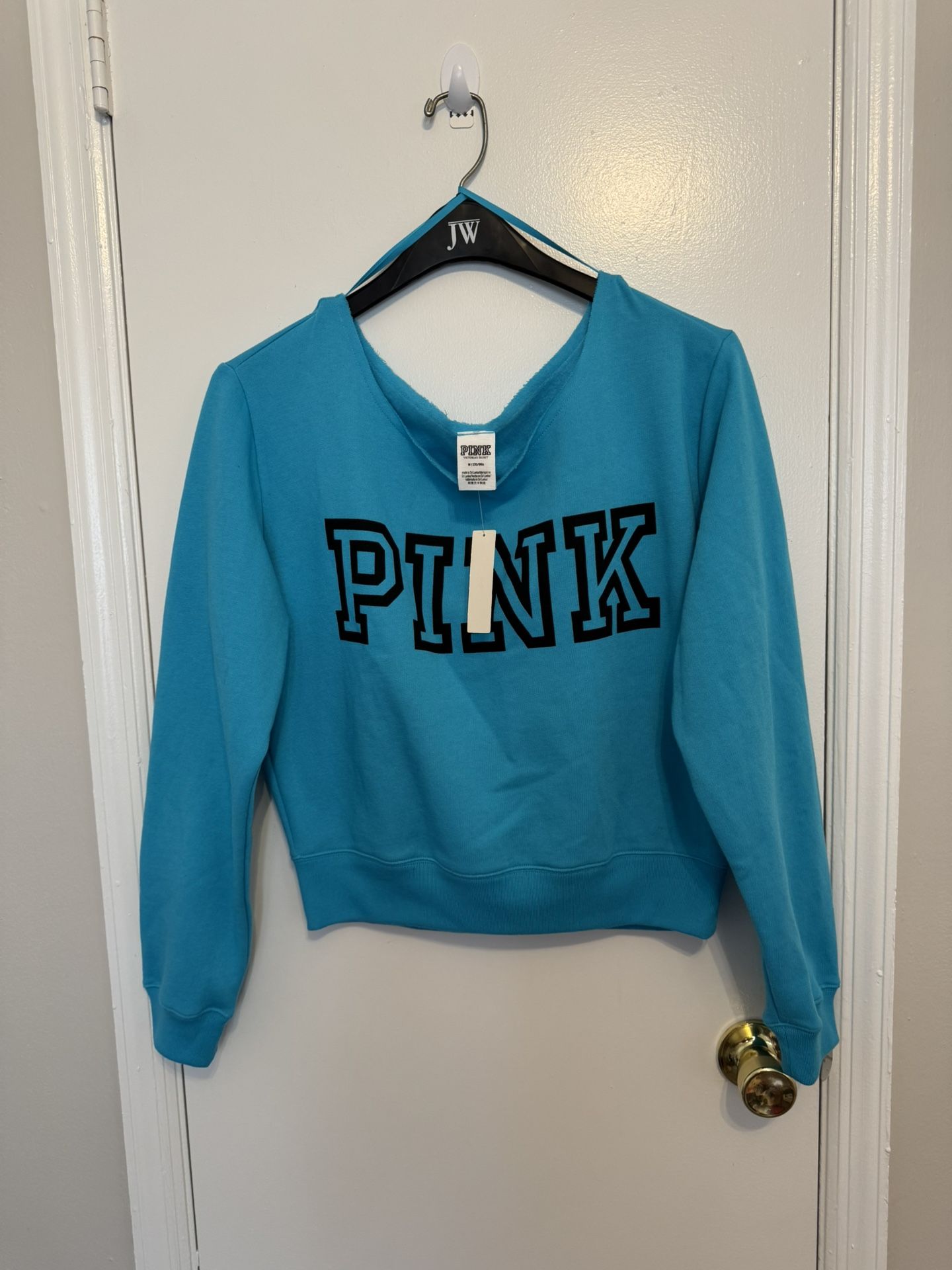 PINK Victoiras Secret Womens Sweatshirt Medium Blue Long Sleeve Boat Neck New