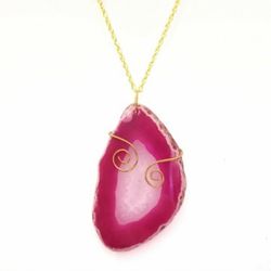 Pink agate wire wrapped pendant on gold necklace NEW