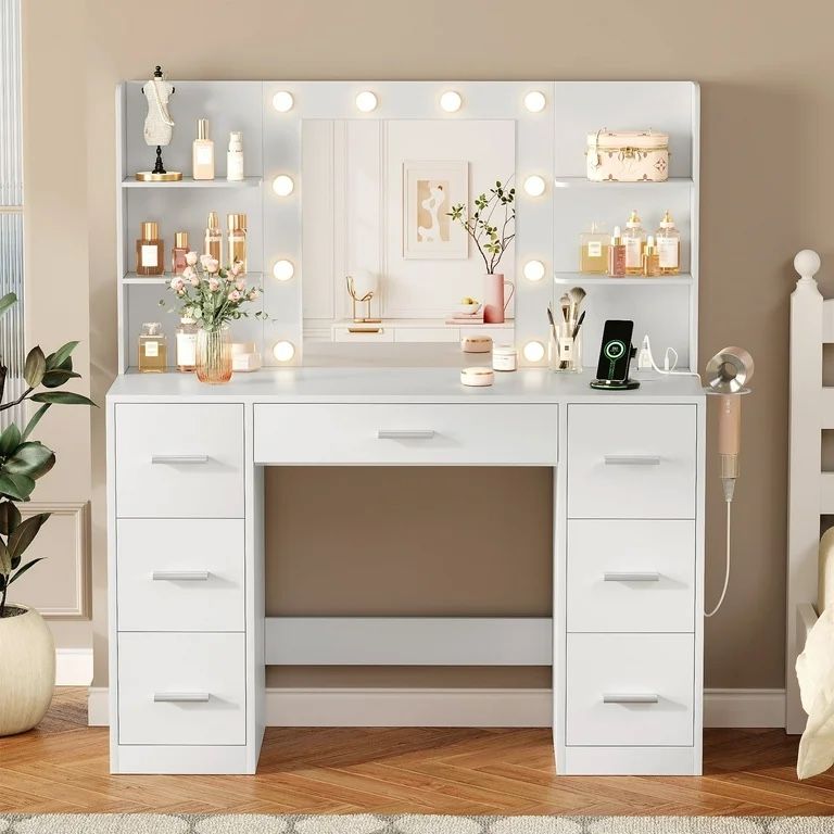 White Makeup Vanity with Mirror and Drawers