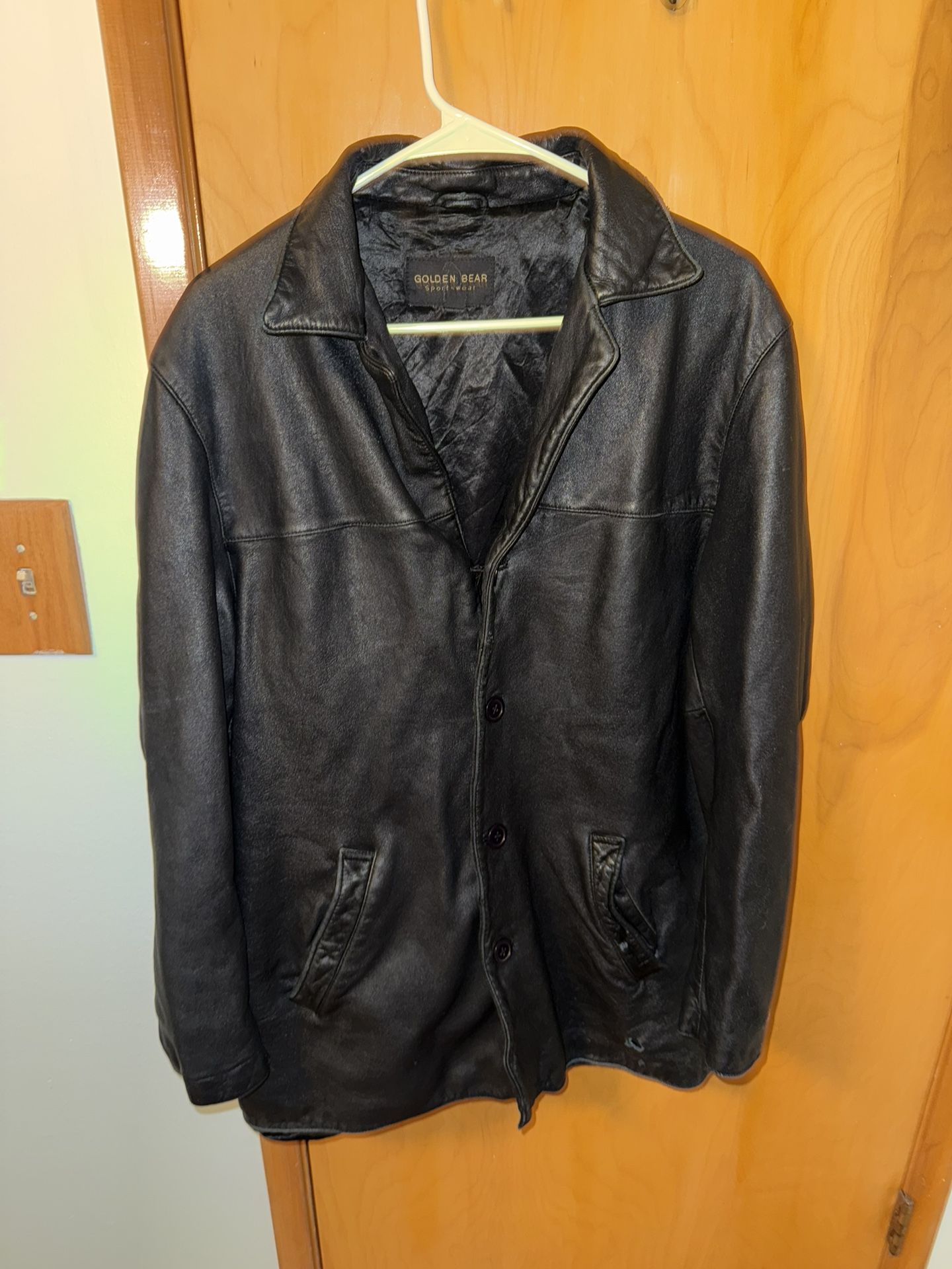 Golden Bear black leather Jacket for men  Large on tag  Flaws as seen in the last picture, a small hole