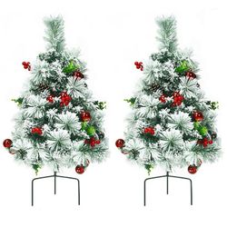 Costway Set of 2 24in Battery Powered Pre-lit Pathway Flocked Christmas Trees Outdoor