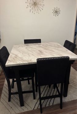 Marble-Top Square Dining Table with 4 Rhinestone Black Chairs
