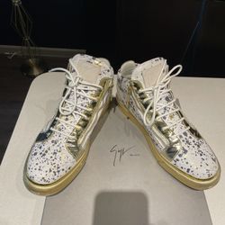 Giuseppe Zanotti Paint-Splatter Mid-Top Sneaker, Gold/White