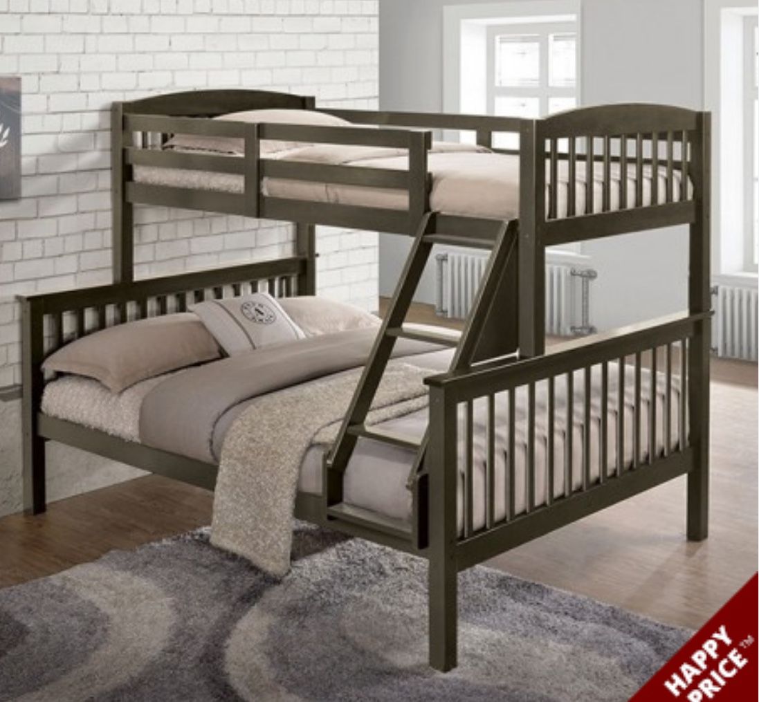 Gray, Expresso Full / Twin Wooden Bunkbed With Both Nice Mattresses Included 👈🏼