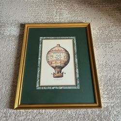 Framed Vintage Hot Air Balloon Illustration – Antique Style Aerostat Print – Thomas Link Group – Gold Frame (price Negotiable)