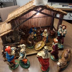 Vintage Large Nativity , Manger & 16 Figures
