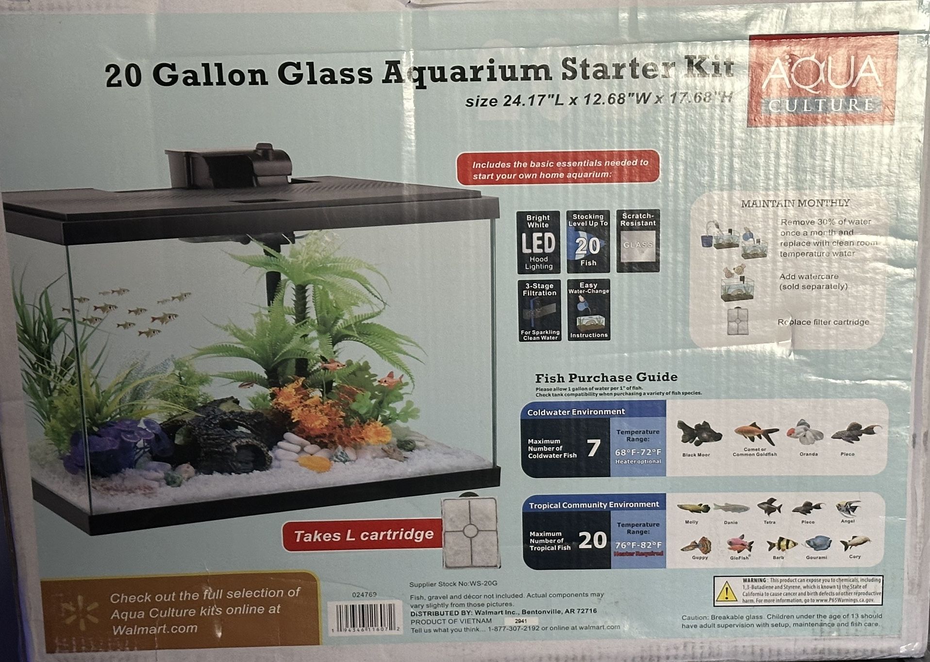 Aqua Culture 20 Gallon Glass Aquarium Starter Kit (Fish Tank)