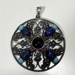 Vintage 925 Sterling Silver Filigree Pendant w/ Onyx, Lapis & Turquoise ~ 9.51g