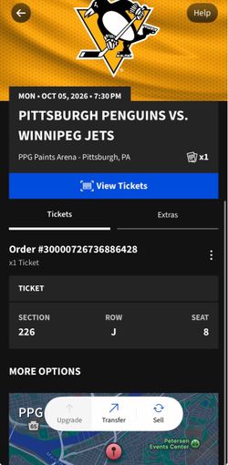 One Penguins Ticket, Second Game of Season