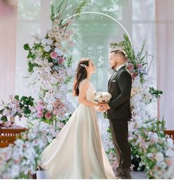 (606060-19)Wedding Arch Backdrop Stand, 6 FT Square White Metal Arch Backdrop Stand for Wedding Ceremony Photo Booth, Outdoor Indoor Birthday Party, G