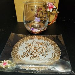 Glass Teacup “Enameled Jeweled Flowers “Metal Base & Handle Coffee MugGlass Teacup “Enameled Jeweled Flowers “Metal Base & Handle Coffee Mug. Used, bu