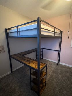 Metal Loft Bed with Desk and Shelves