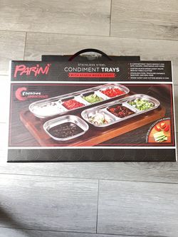 Stainless steel condiment tray with acacia wood caddy