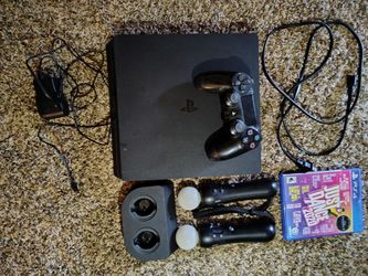 PS4 Slim Bundle + Controller, 2 Move Controllers & Just Dance 2020