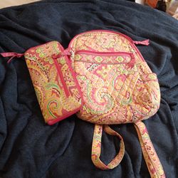 Vera Bradley Capri Melon Medium Backpack And Wallet Quilted Cotton Pink Paisley 