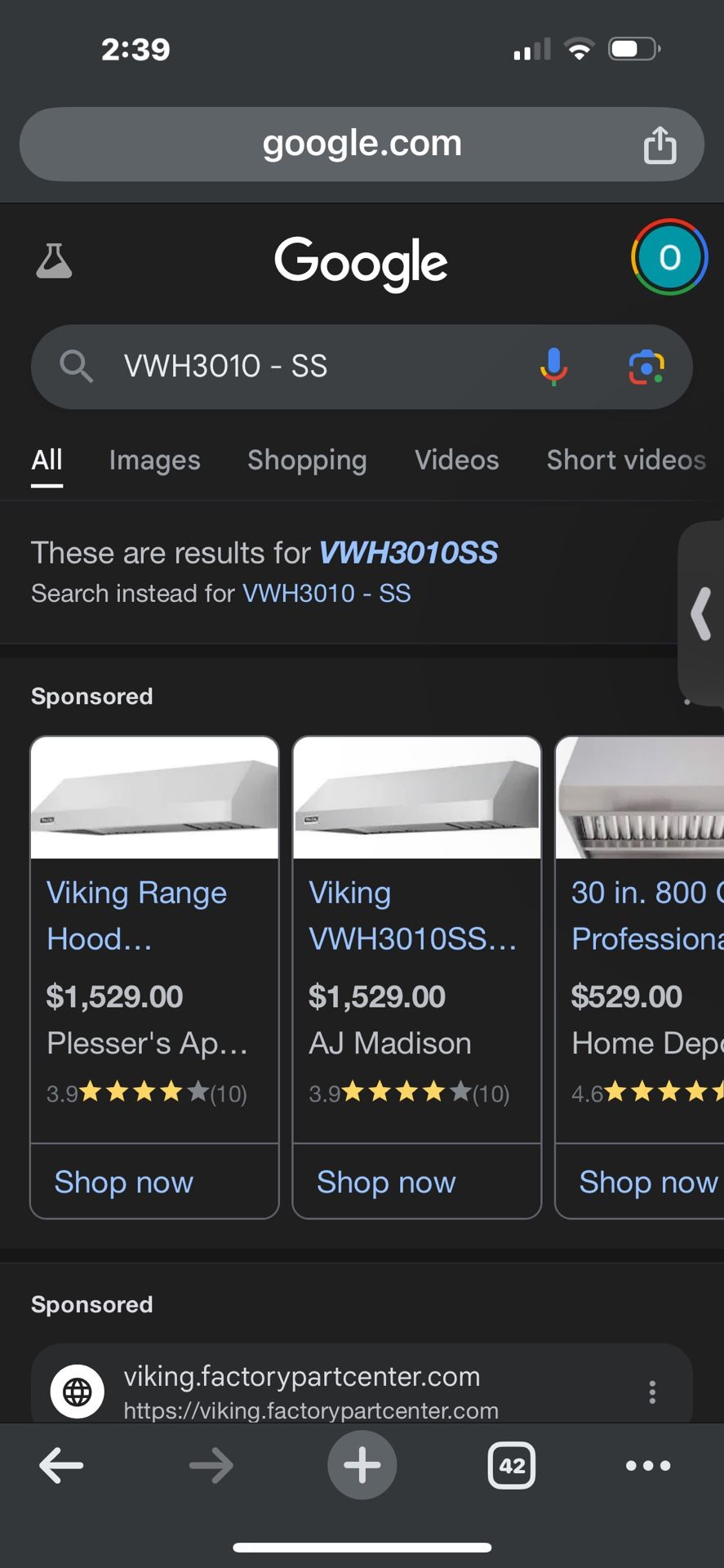Viking Range hood VWH3010 - SS