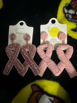 Pink Beaded Ribbon Drop Earrings –