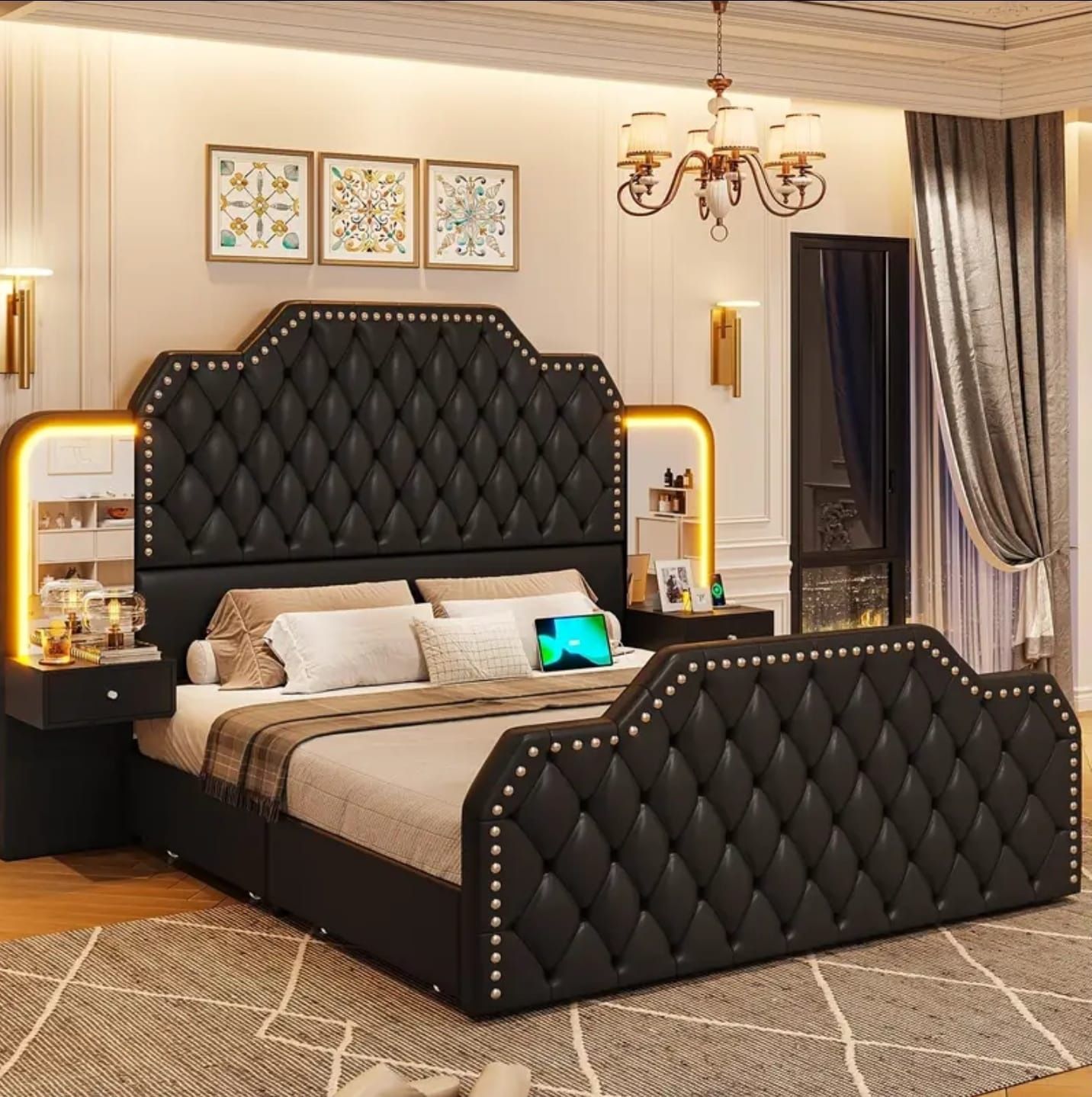 Luxury Queen Size Bed with LED Lights, Storage Drawers & Charging Ports – Modern Smart Bed Frame