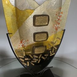 Bello Búcaro  De Cristal Y Metal, Dorado, Plateado Y Negro 
