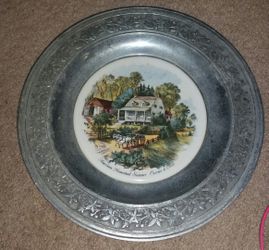 Currier & Ives ceramic and pewter plate