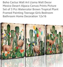 Set of 3 Cactus & Llama Canvas Wall Art – 12x16