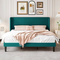 King Size Velvet Bed Frame with Vertical Channel Tufted Wingback Headboard, Upholstered Platform Bed with Wood Slats, No Box Spring Needed, Easy Assem