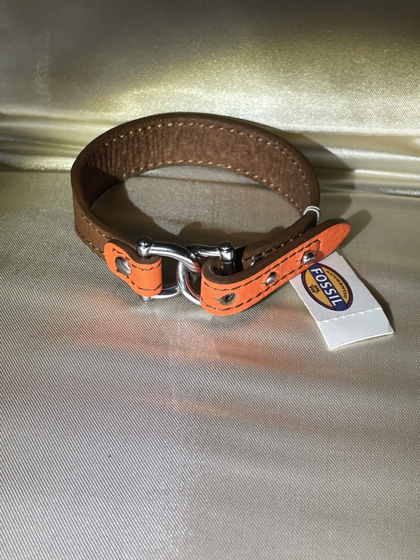 Fossil Equestrian Stirrups Leather Bracelet, Coral/Tan, New with Tags