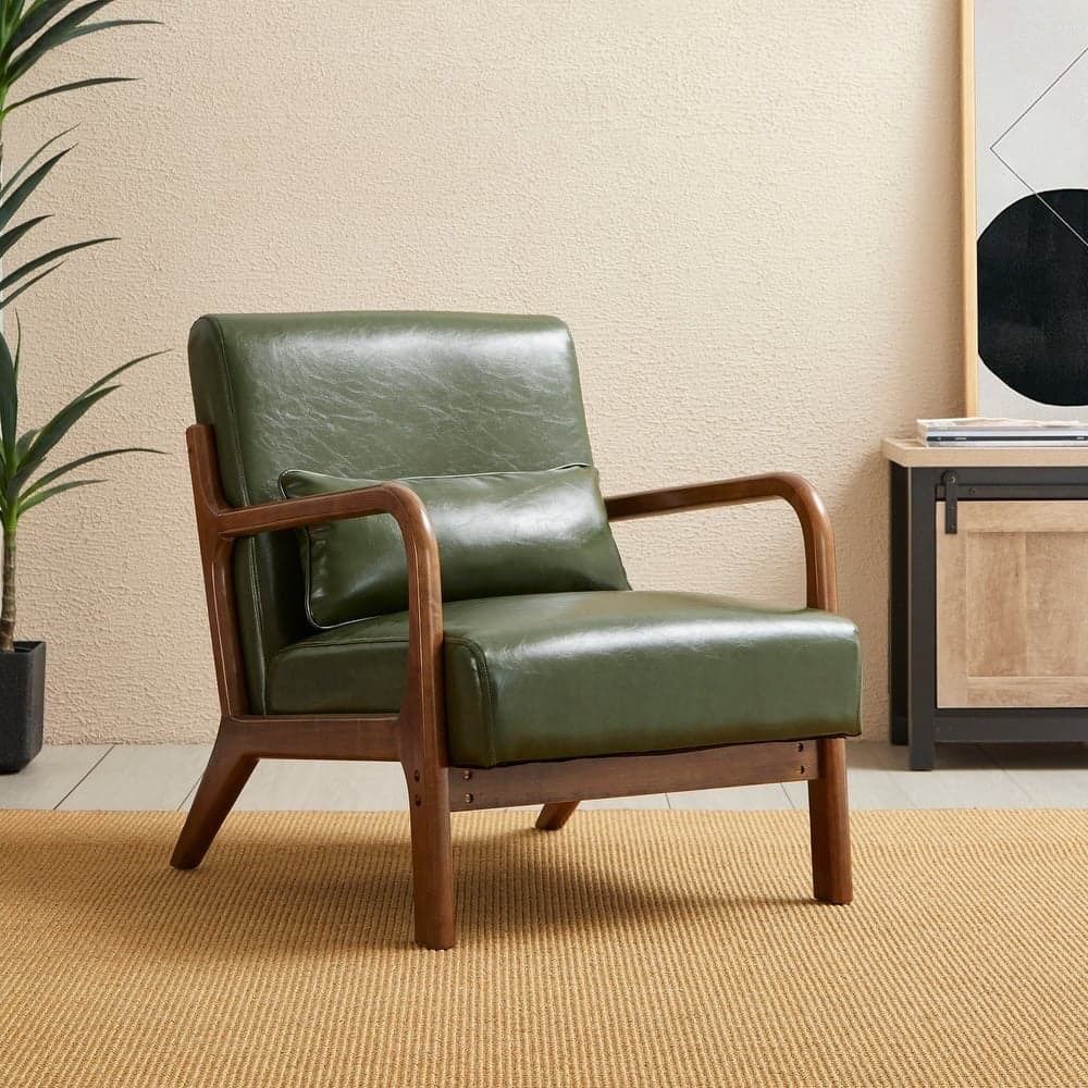 Glitzhome 30.00"H Mid-century Modern Hunter Green PU Leather Accent Armchair with Walnut Rubberwood Frame