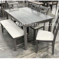 New! 6pcs Dining Set, TAble And Chairs, Bench, Kitchen Table, Dinette Set, Dining Room Set, Casual Dining Set, Rectangular Table, Table, Chairs, Bench
