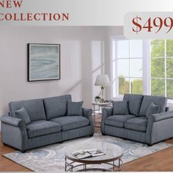 Sofa + Loveseat - Soft Corduroy Fabric - Sectional Sofas - Green, Beige, Grey