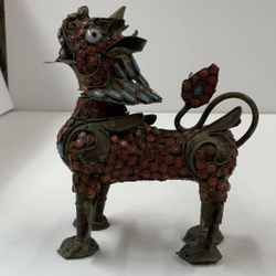 Vintage / Antique Snuff Bottle Trinket Foo Dog Figurine Dragon Turquoise Red 5”