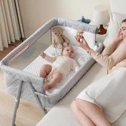 Baby Bassinets Bedside Sleeper with 4 Auto-Lock & Adjustable Height