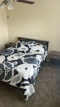 Full size bed with two stands & tv