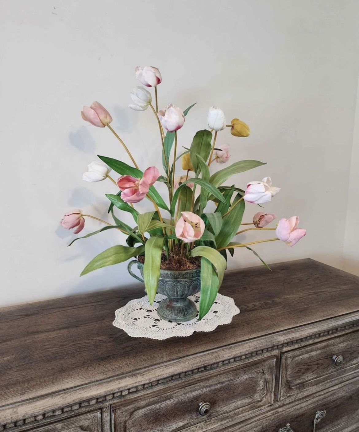 Beautiful imitation flowers with imitation brass vase/pot.