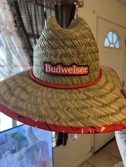 Budweiser Straw Sun Hat with Red Trim and Chin Strap